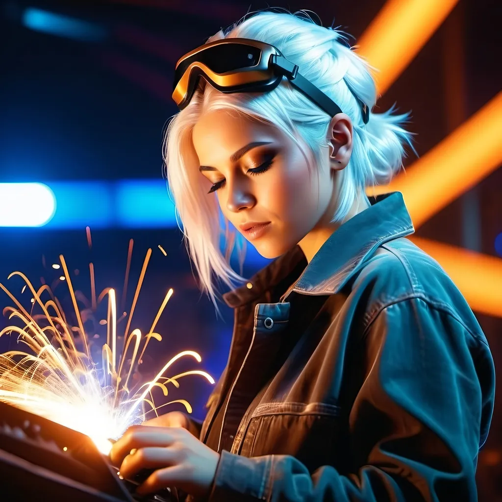 Pretty Female Welder With White Hair Creating Spark