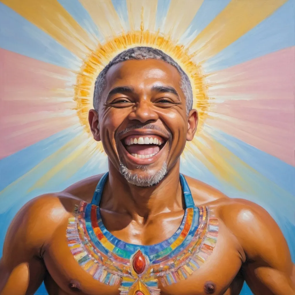 Oil Painting Of A Very Happy Godlike Figur Who Is Ra