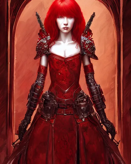 Redhead Queen Knight In Heavy Red Armor Inside Grand Stable