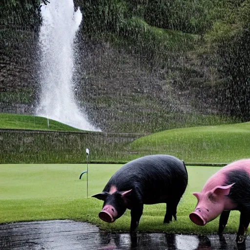 A Photograph Of Two Pigs Playing Golf In The Rain Stable Diffusion