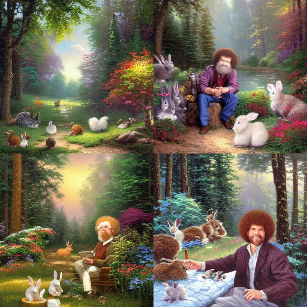 Thomas Kinkade Painting Of Bob Ross Sitting In The Stable Diffusion