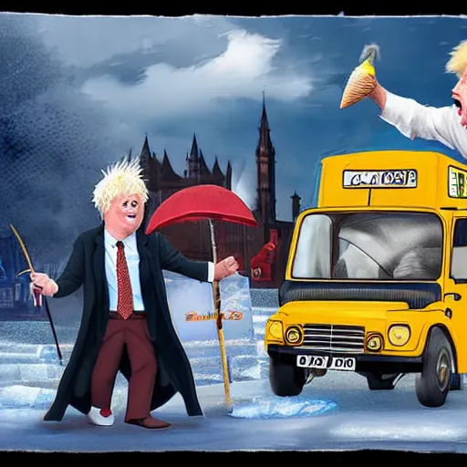 Boris Johnson And Gandalf Fight Atop An Ice Cream Van Stable Diffusion