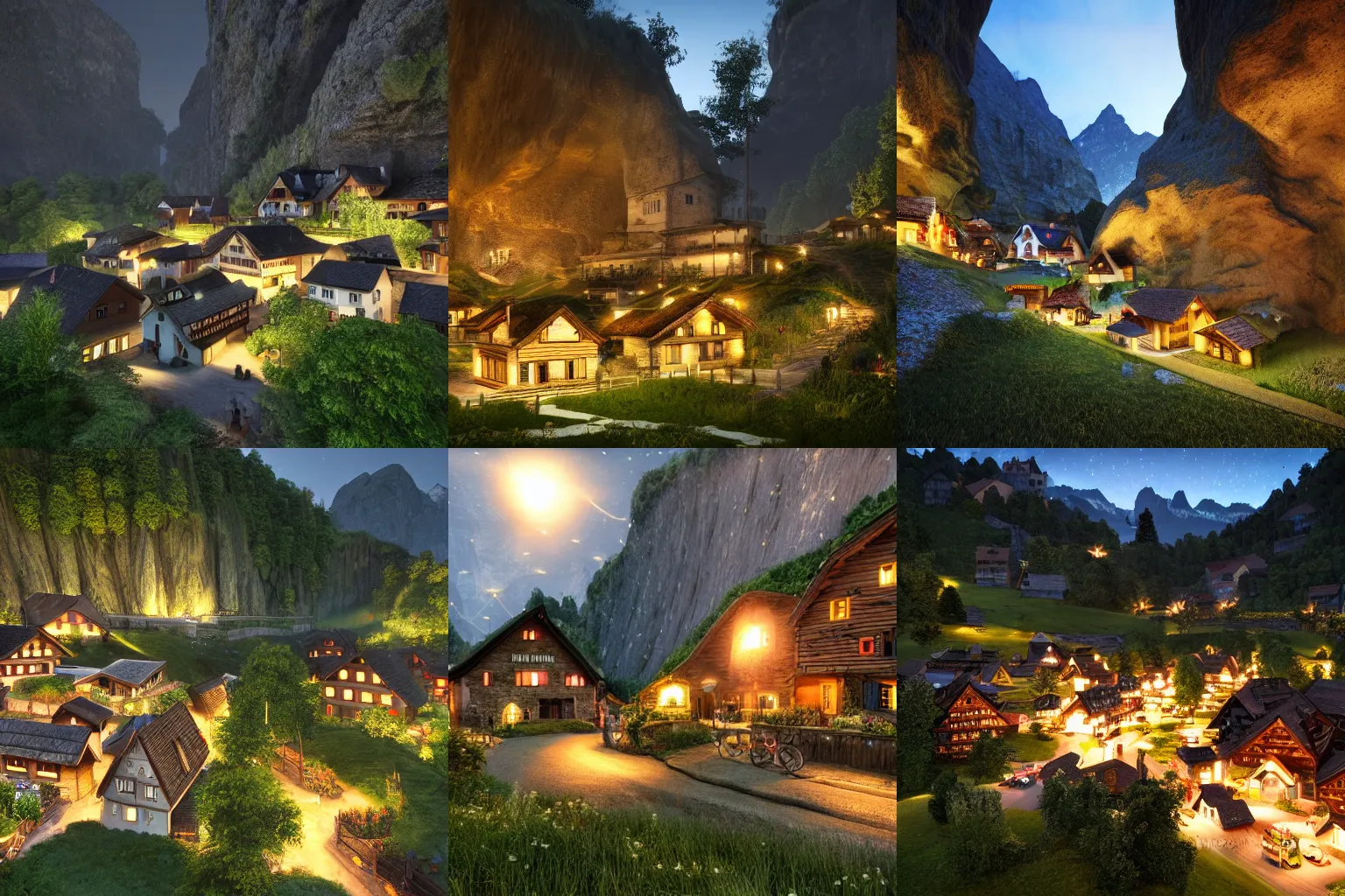 A Quaint Swiss Village At Night With Cottages And Stable Diffusion