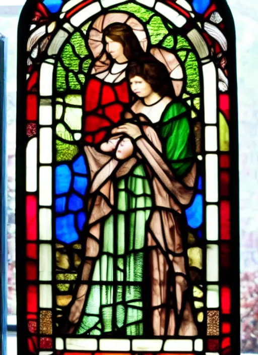 Beautiful Stained Glass Window Showing A Mother And Stable Diffusion