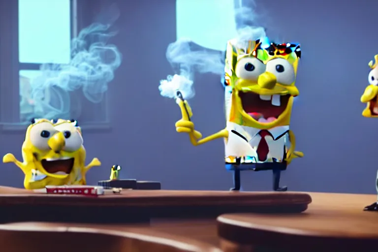 A Cinematic Still Of Spongebob Smoking Weed With Elon Stable