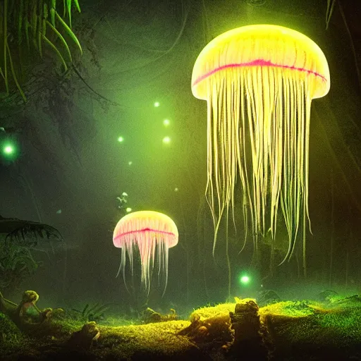 Floating Luminescent Jellyfish In An Alien Nocturnal Stable Diffusion