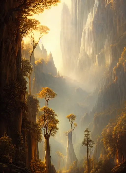 Detailed Valley Of Very Tall Thing Trees Light Stable Diffusion