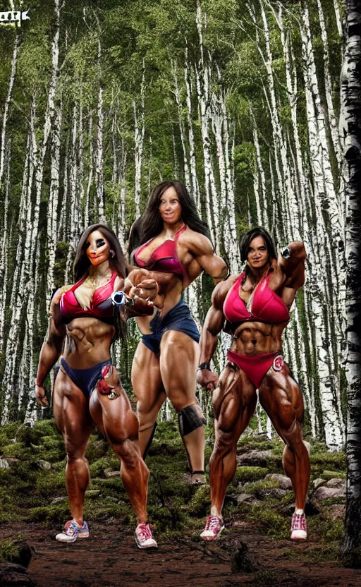 Photo Of Several Female Bodybuilders Posing In A Birch Stable