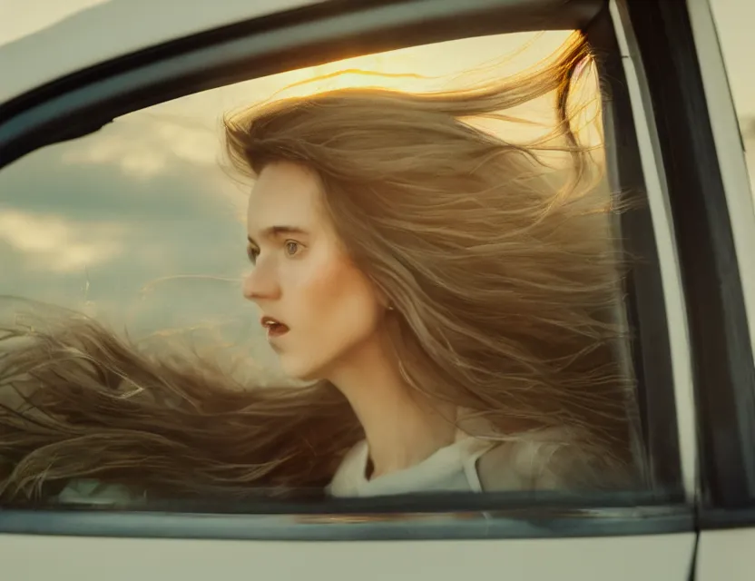 Girl In Window Of Car Blowing Hair On A Wind Stable Diffusion Openart