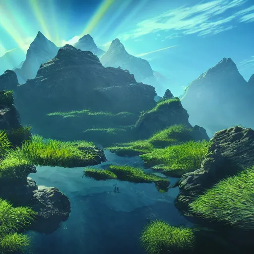 Underwater Mountain Crepuscular Rays Grass Fish Stable Diffusion