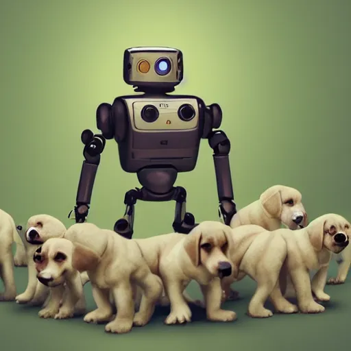 A Robot Surrounded By Puppies Miniature Trending On Stable