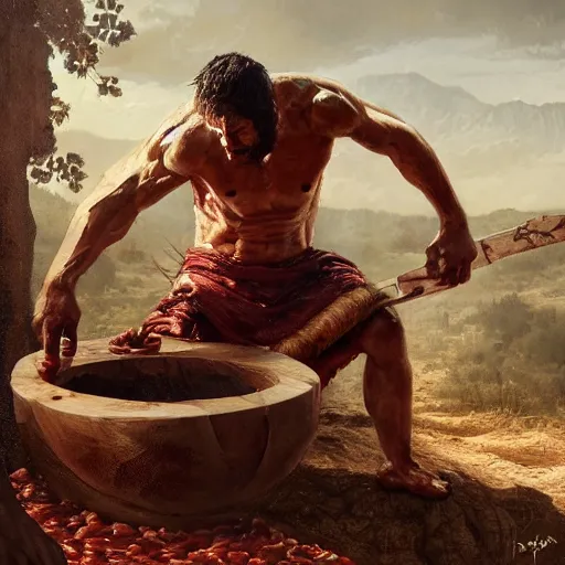 An Spartan Man Eating Meat On A Wooden Bowl Matte Stable Diffusion