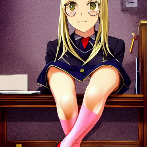 Blonde Anime Girl With Long Hair Wearing Headmistress Stable