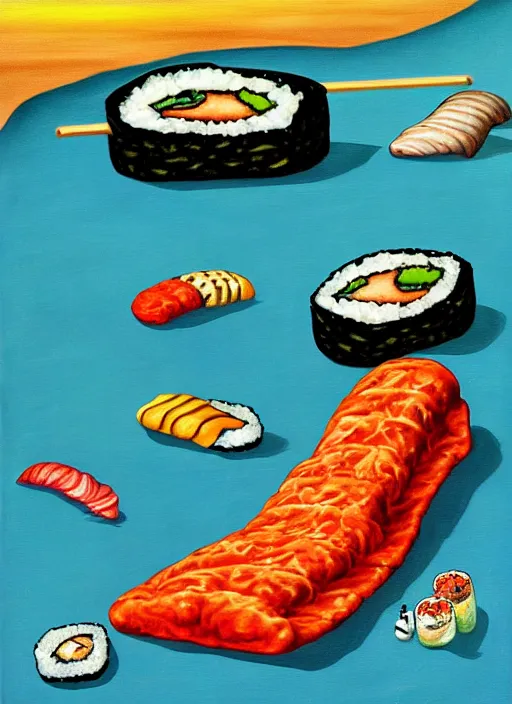 Dadaist Surrealist Painting Of Giant Melting Sushi Stable Diffusion