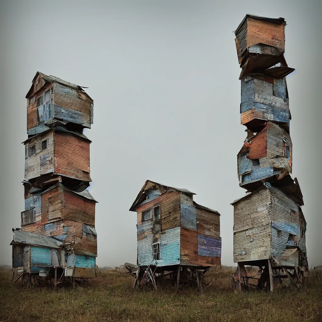 Two Towers Made Up Of Stacked Makeshift Squatter Stable Diffusion