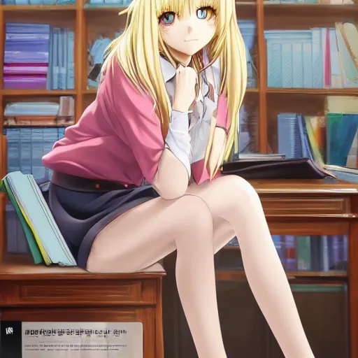 Blonde Anime Girl With Long Hair Wearing Headmistress Stable