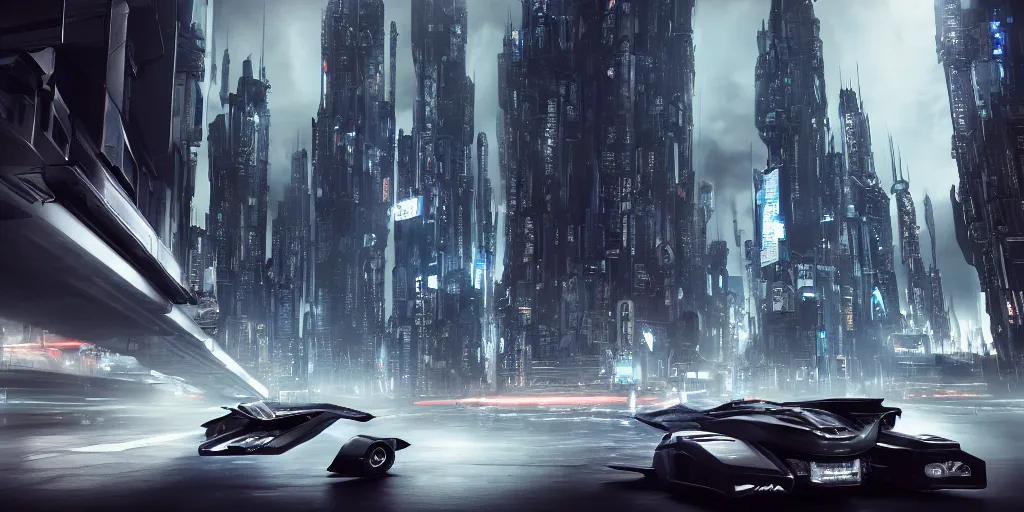 The Batmobile Driving Through A Futuristic City View Stable