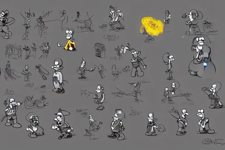 Homer Simpson Epic Mickey Concept Art Character Sheet Stable Diffusion