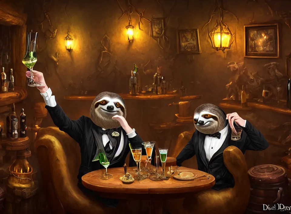 Sloth Anthro As Dapper Drinking Patron Dimly Lit Cozy Stable