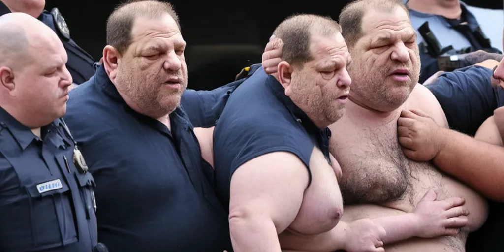 Shirtless Obese Harvey Weinstein Arrest By Police Stable Diffusion