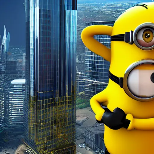 Huge Giant Yellow Minion Destroying Megapolis With Stable Diffusion