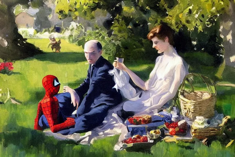 Picknick With Spider Man In The Garden Painting In Stable Diffusion