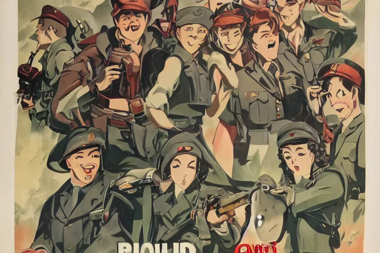 1940s War Anime Poster Smiling Tanks Stable Diffusion