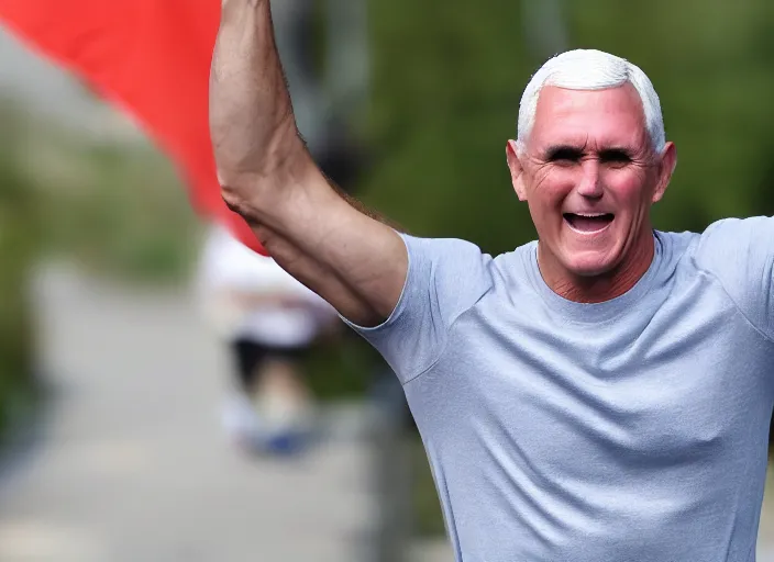 Shirtless Mike Pence Running Marathon Hands In Air Stable Diffusion