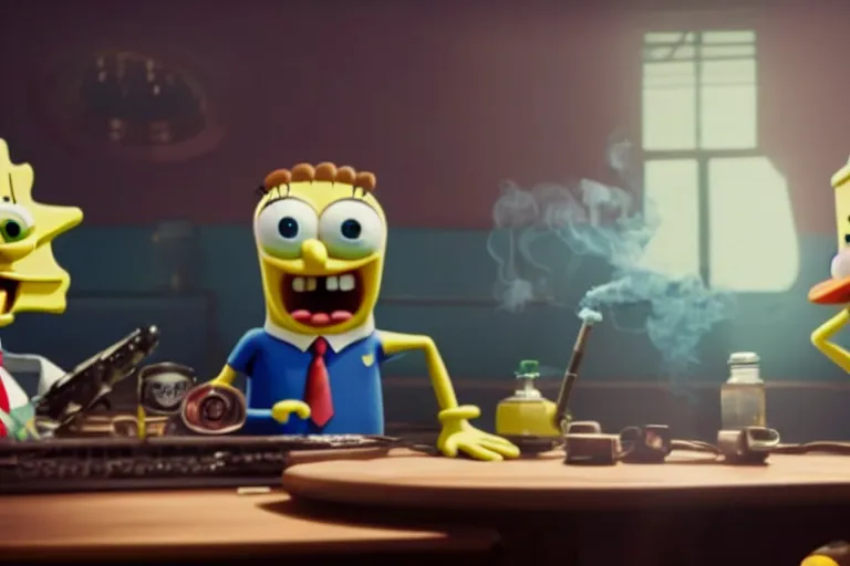 A Cinematic Still Of Spongebob Smoking Weed With Elon Stable