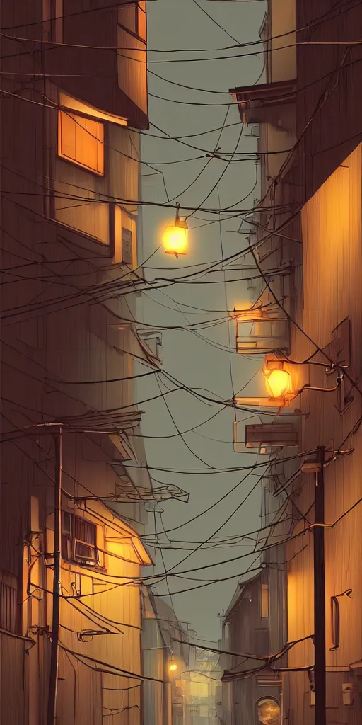 Tokyo Alleyway Rainy Day Lights Cables Stable