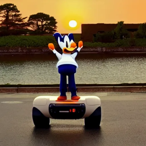 Donald Duck Riding A Hoverboard Into The Sunset Stable Diffusion