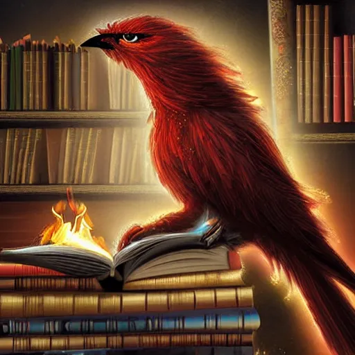 A Cute Flaming Mythical Firebird Reading A Book In A Stable Diffusion