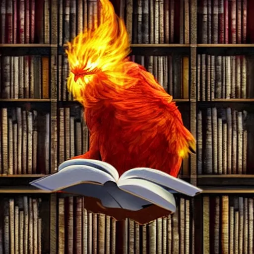 A Cute Flaming Mythical Firebird Reading A Book In A Stable Diffusion