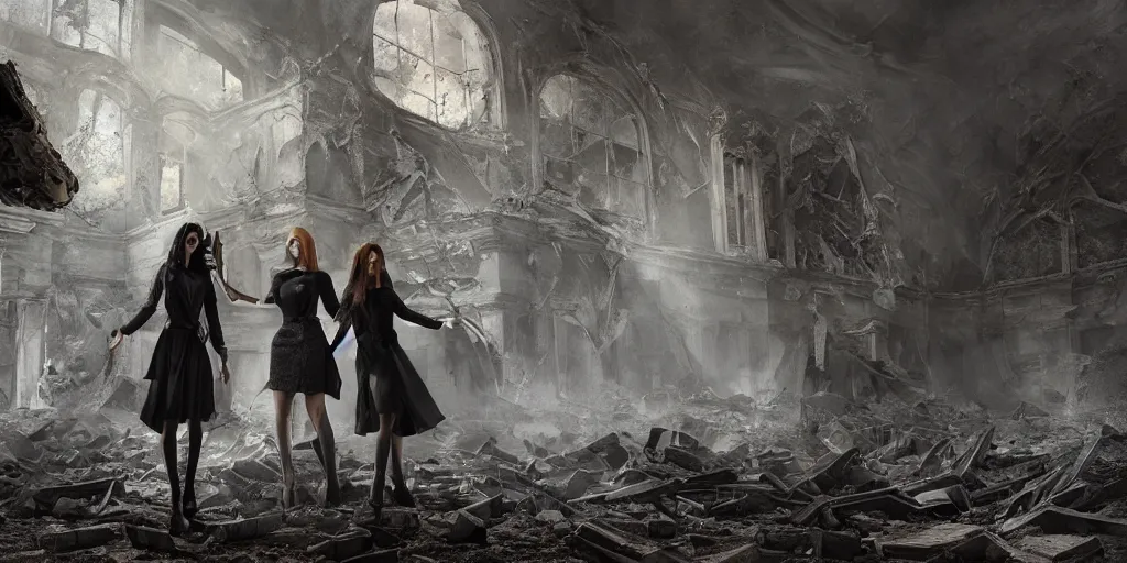 Beautiful Female Witches Exploring Scorched Ruins Of Stable Diffusion