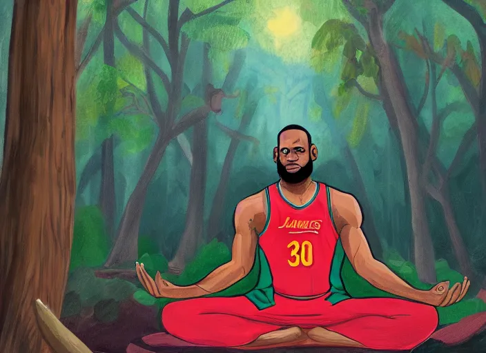 Lebron James Doing Yoga In The Forest Cartoonish Stable Diffusion