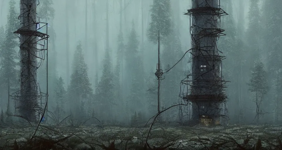 Derelict Radio Tower In A Pine Forest Landscape Stable Diffusion