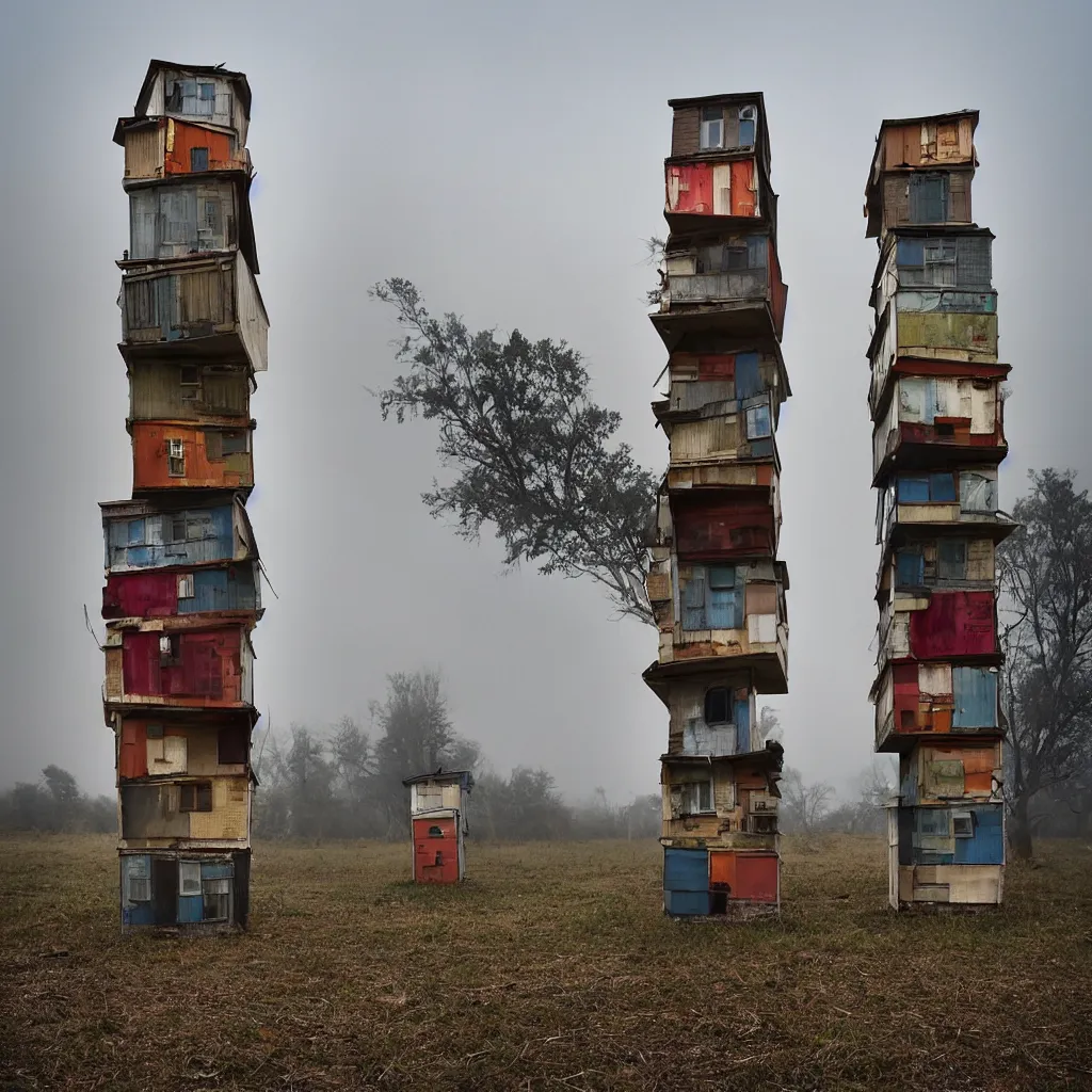 Two Towers Made Up Of Stacked Makeshift Squatter Stable Diffusion