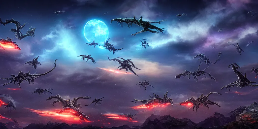 Landscape Image With Various Alien Dragons Flying Stable Diffusion