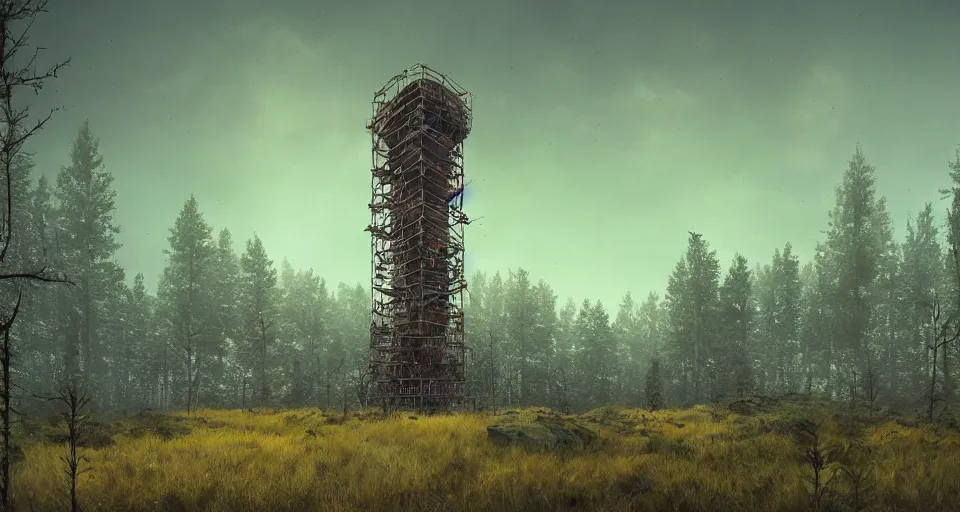 Derelict Radio Tower In A Pine Forest Landscape Stable Diffusion