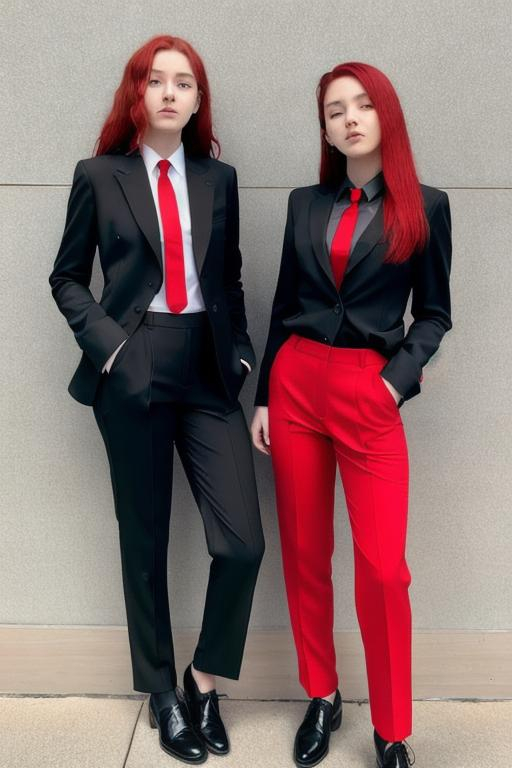 Two Girls 17yo Black Suit Tie Red Hair Trousers