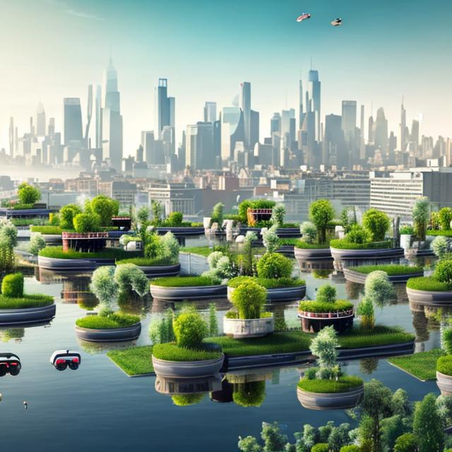 A City Skyline With Hovering Cars And Floating Gardens