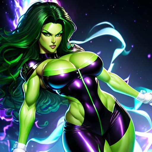 She Hulk Green Skin Dark Green Wavy Hair Flaming