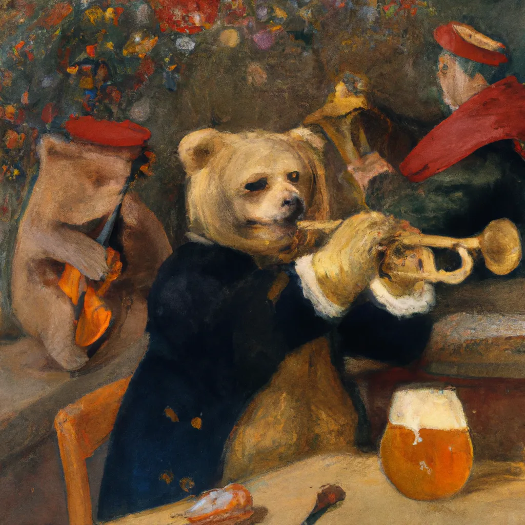 Bear Playing A Trumpet In A Tavern By Pierre August