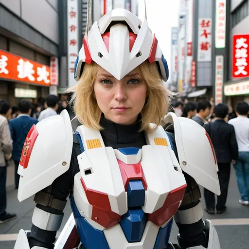 Blonde Woman Wearing Gundam Helmet And Gundam Body A