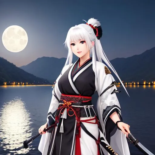 White Hair Samurai Girl With Two Zoro Katana Wearin Openart