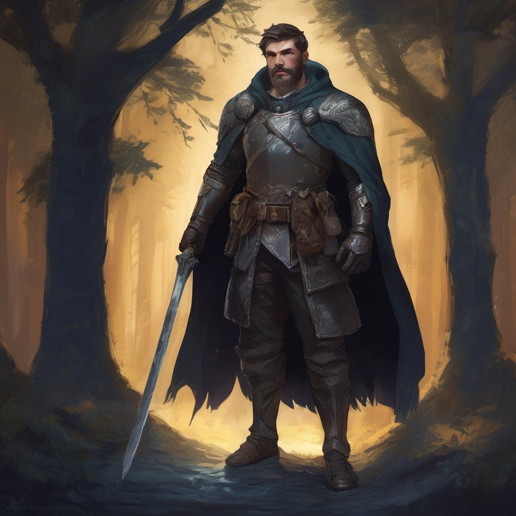 Prompt: (Full body) male stocky handsome crusader with short-cut hair and beard, in a forest cave at night pathfinder, d&d setting, in a realistic high quality digital art style