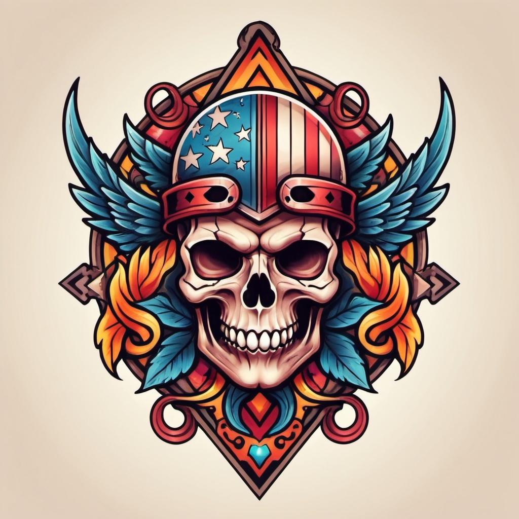 Prompt: colorful and illustrative tattoo logo, american traditional, fantasy topics