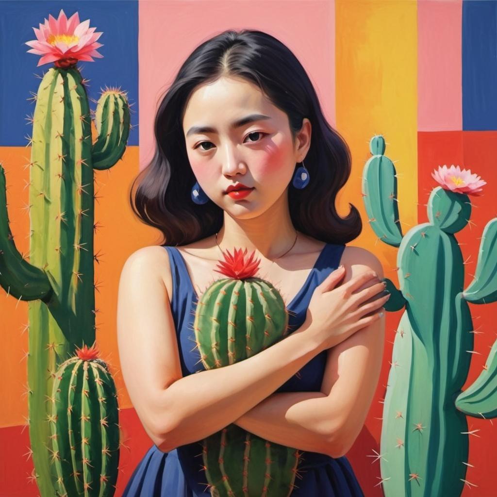 Prompt: From this image, make it look more like a painting, in a Henry Matisse's fauvist style. Also, enlarge the cactus in the middle to look gigantic and the korean woman wrapping her arms around the cactus