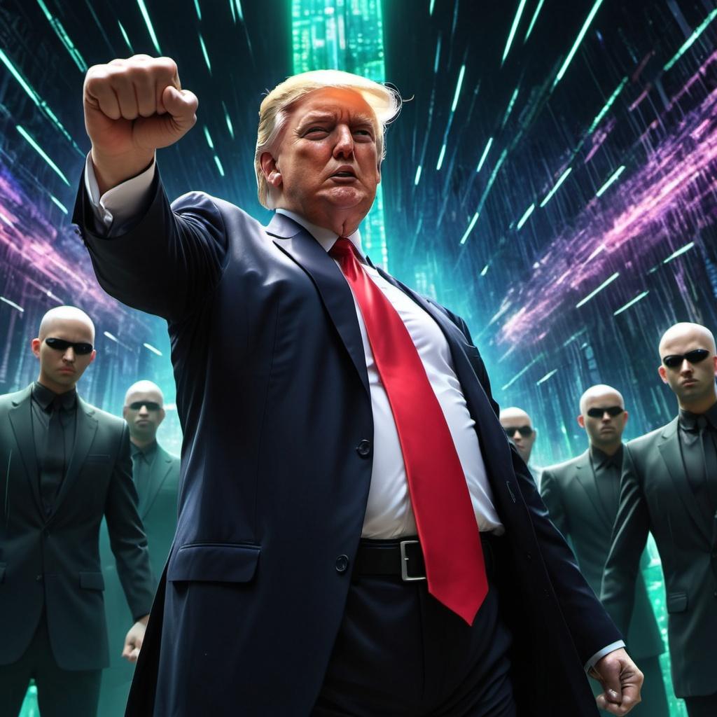 Prompt: Anime scene of (Donald Trump) raising his fist, bullets flying around him in dynamic motion like in the Matrix, vibrant colors, high-energy atmosphere, (dramatic), detailed expression of determination, intense background with a futuristic feel, high-quality 4K, ultra-detailed, capturing the essence of action and empowerment in anime style, contrasting shadows and highlights.