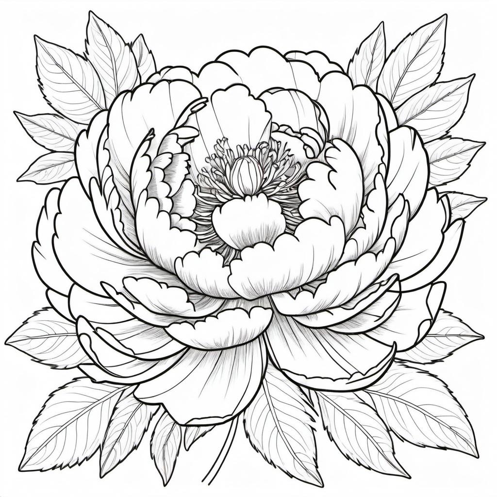 Prompt: A children's coloring book page featuring a large peony with broad, easy-to-color petals and minimal details. The style should be simple and suitable for young children.